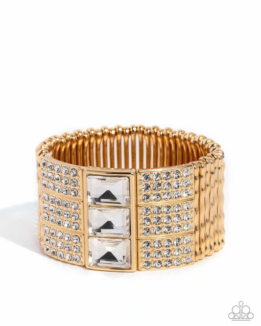 Dramatic Diva - Gold Warped Hammered Bars & White Gems Paparazzi Stretch Bracelet