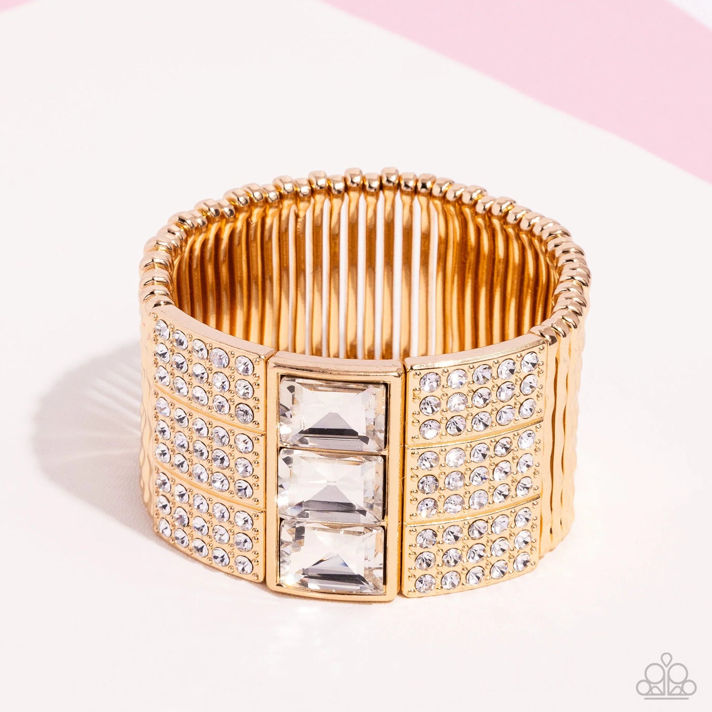 Dramatic Diva - Gold Warped Hammered Bars & White Gems Paparazzi Stretch Bracelet