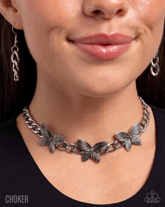 Aerial Ambition - Silver Butterflies/Silver Curb Chain Paparazzi Necklace & matching earrings