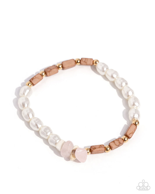 Wild Whimsicality - Brown Stones, Ivory Seed Beads, White Pearls, & Gold Beaded Paparazzi Stretch Bracelet