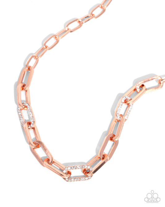 Understated Shimmer - Copper Paperclip Chain/White Rhinestones Paparazzi Necklace & matching earrings