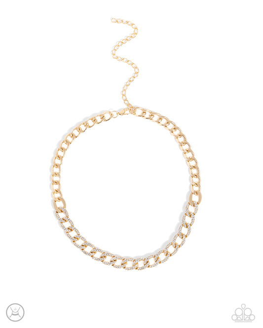 Fiercely Independent - Gold Curb Chain/White Rhinestones Paparazzi Choker Necklace & matching earrings