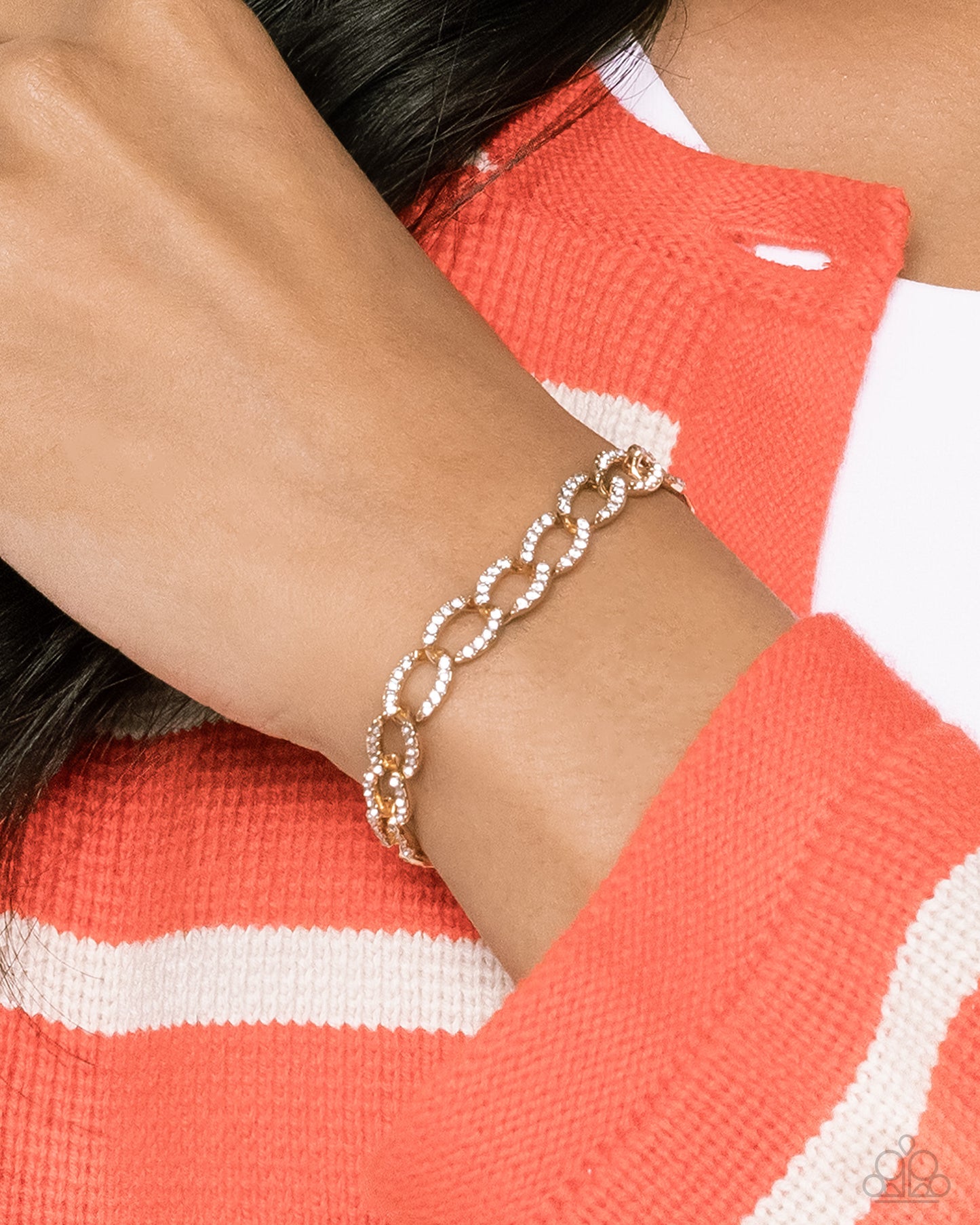 Freethinking Finish - Gold Curb Chain & White Rhinestone Paparazzi Adjustable Bracelet