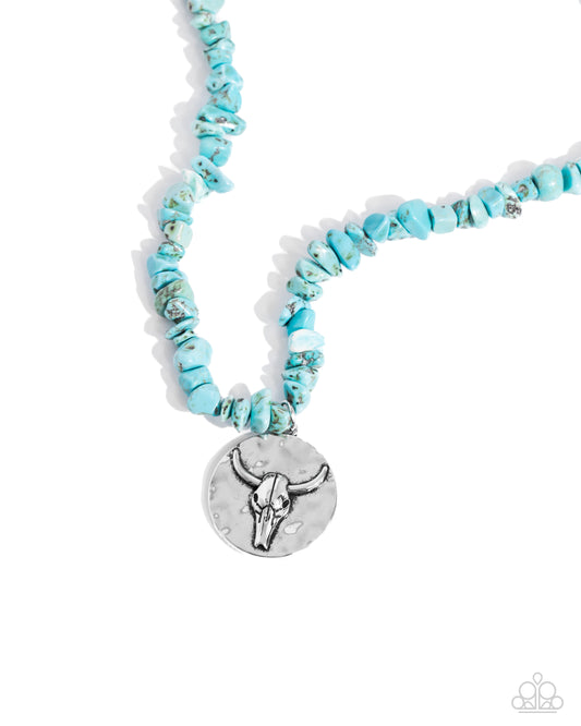 Longhorn Leader - Blue/Turquoise Chiseled Stones/Longhorn Skull Pendant Paparazzi Necklace & matching earrings