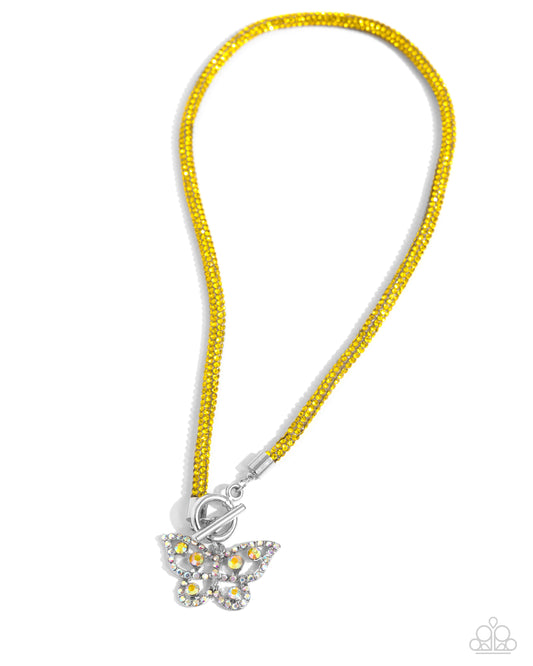 On SHIMMERING Wings - Yellow Rhinestone Chain/Airy Butterfly Pendant Paparazzi Necklace & matching earrings