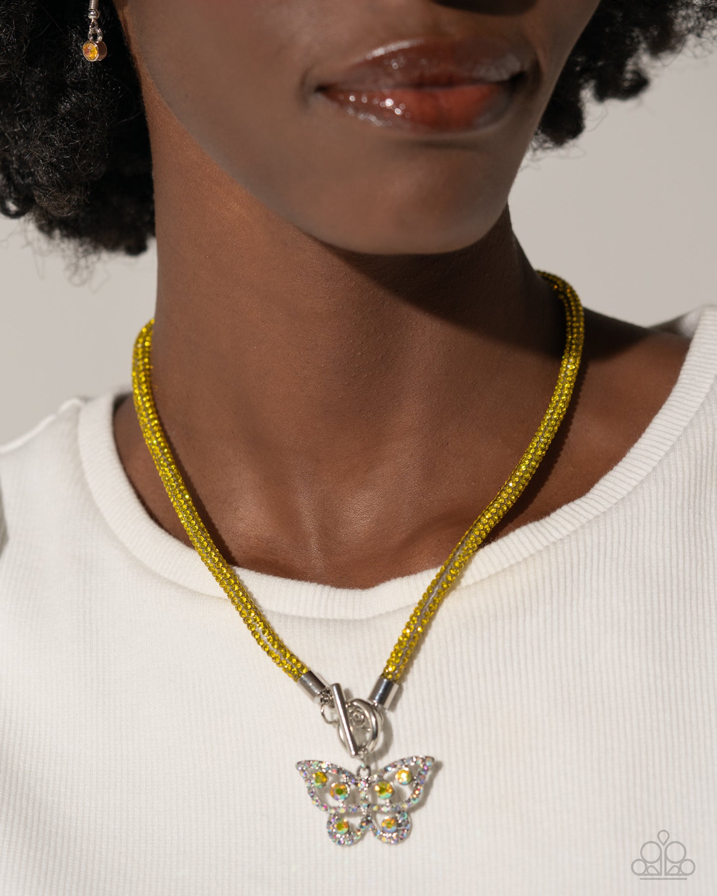 On SHIMMERING Wings - Yellow Rhinestone Chain/Airy Butterfly Pendant Paparazzi Necklace & matching earrings