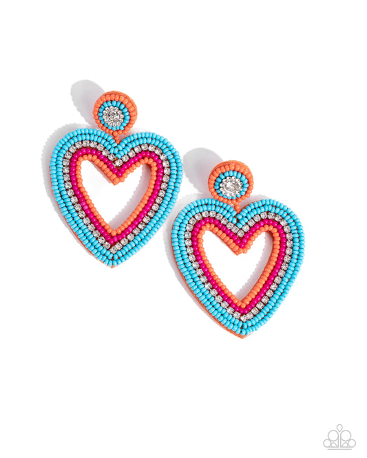 Headfirst Heart - Orange, Turquoise, Pink Seed Bead Heart Paparazzi Earrings