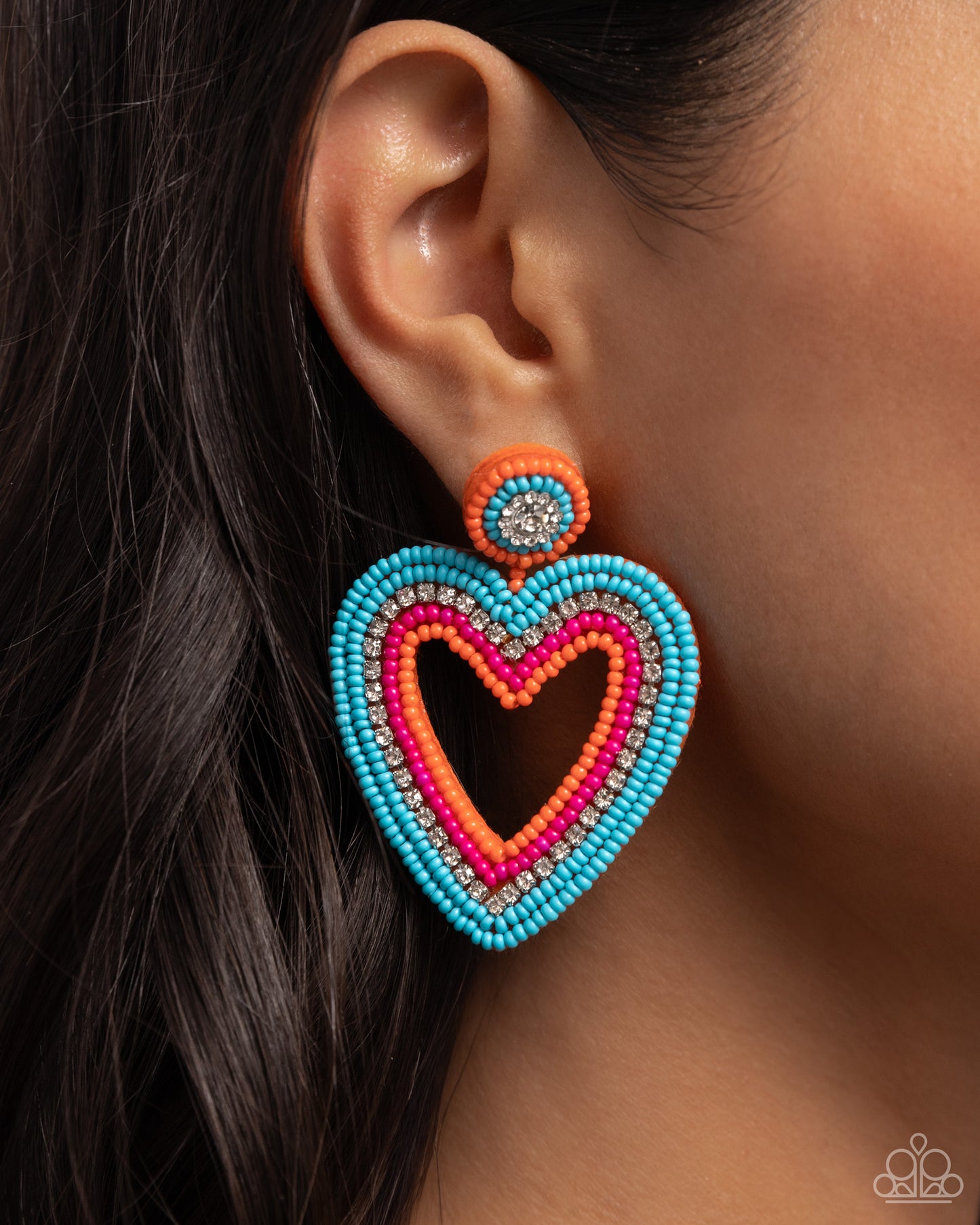 Headfirst Heart - Orange, Turquoise, Pink Seed Bead Heart Paparazzi Earrings