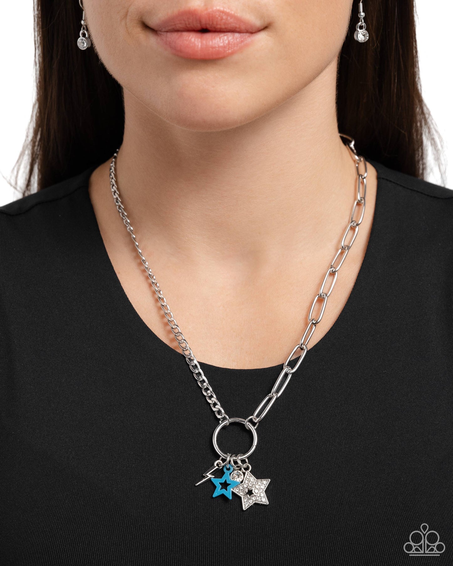 Stellar Sighting - Blue Star/White Rhinestone Star/Silver Lightening Bolt Pendant Paparazzi Necklace & matching earrings