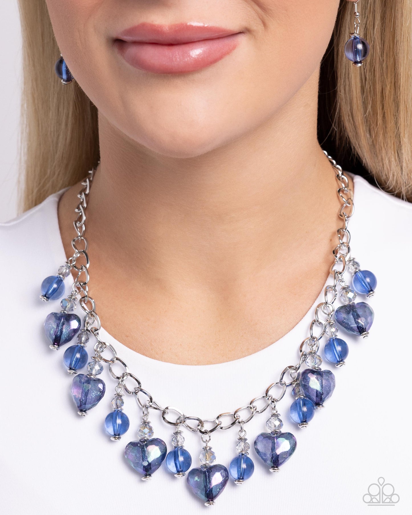 The Best HEART - Blue Iridescent Hearts/Crystal-Like Beaded Paparazzi Necklace & matching earrings