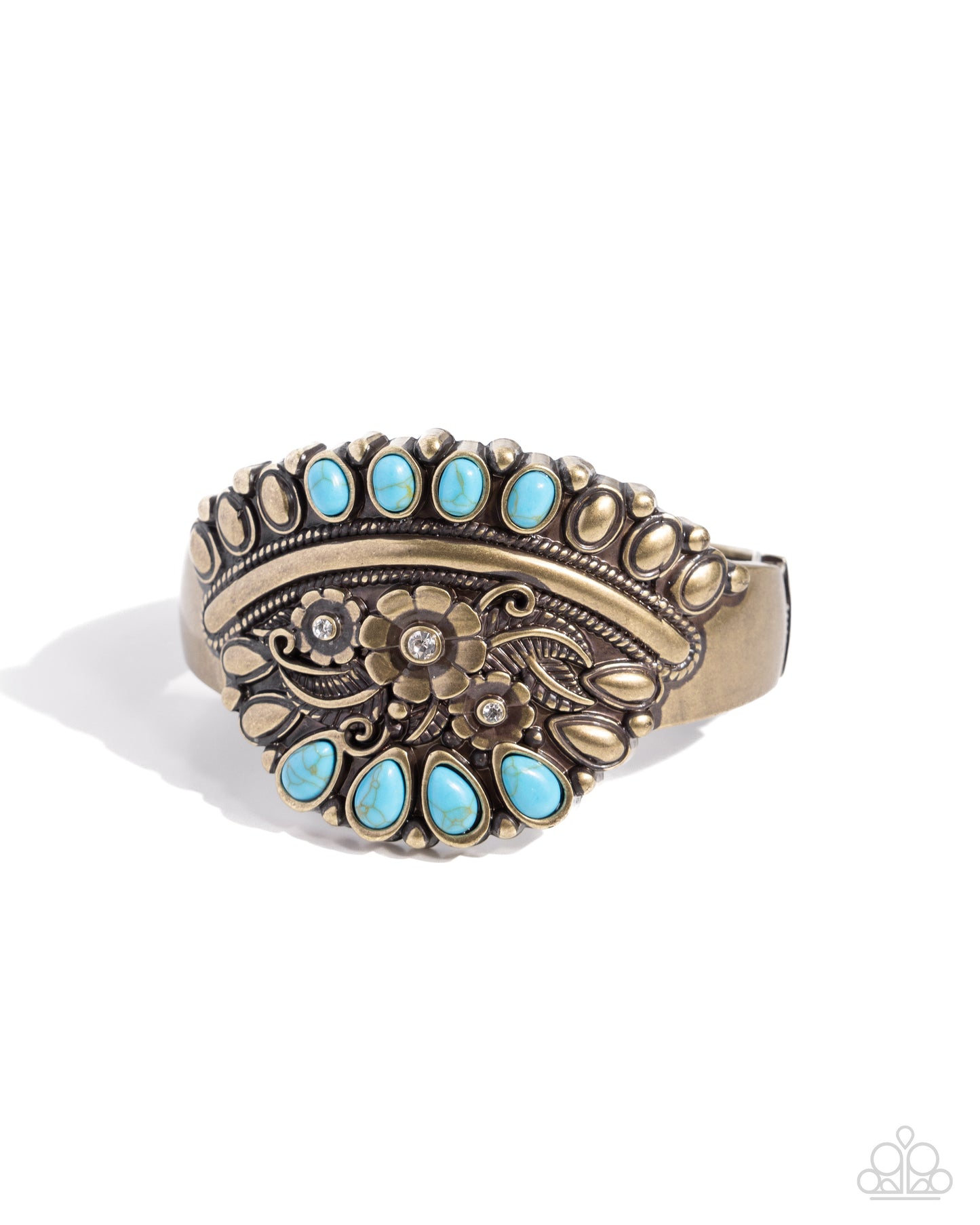 Artisan Age - Brass Floral Embossed & Turquoise Stone Paparazzi Hinge Bracelet