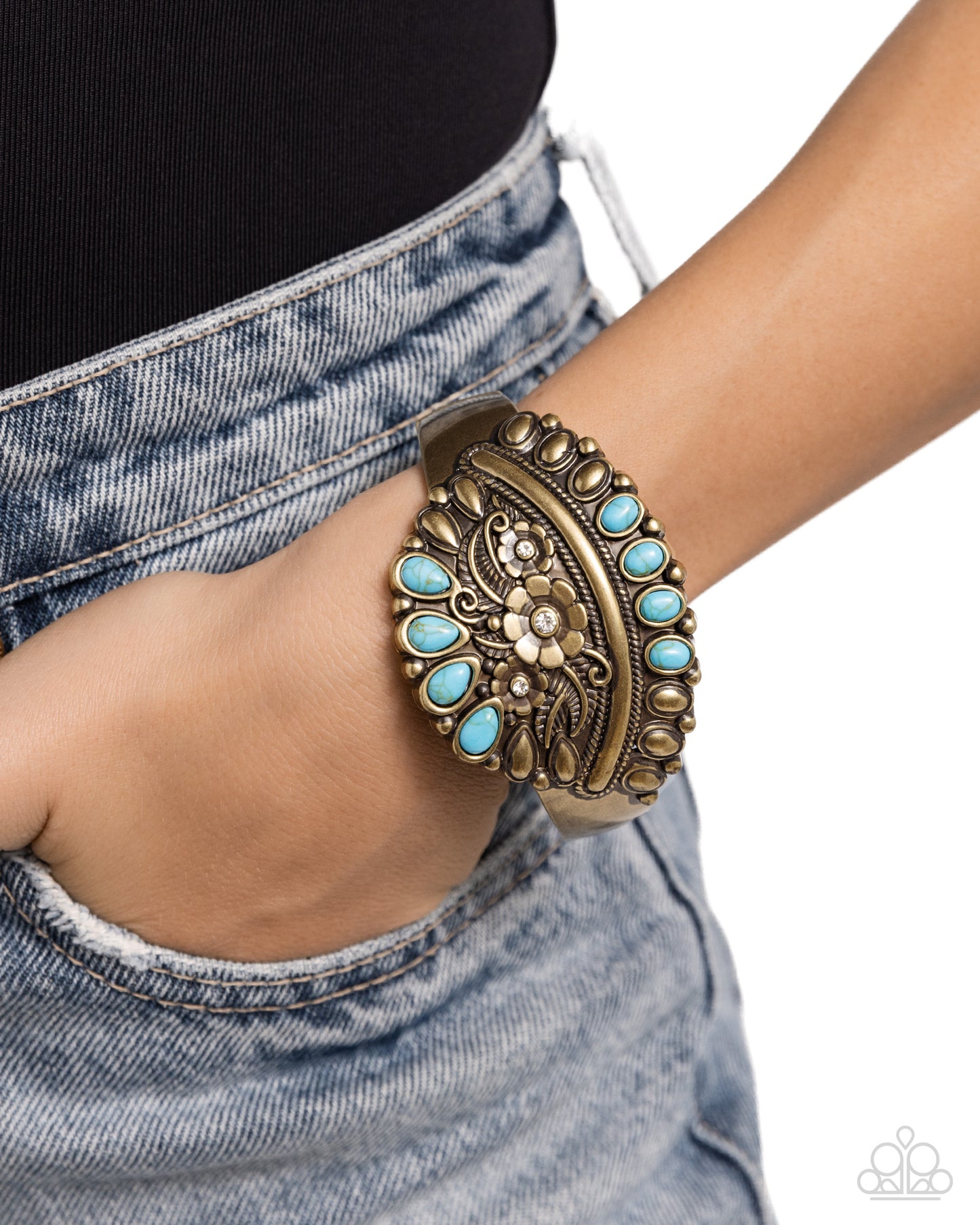 Artisan Age - Brass Floral Embossed & Turquoise Stone Paparazzi Hinge Bracelet