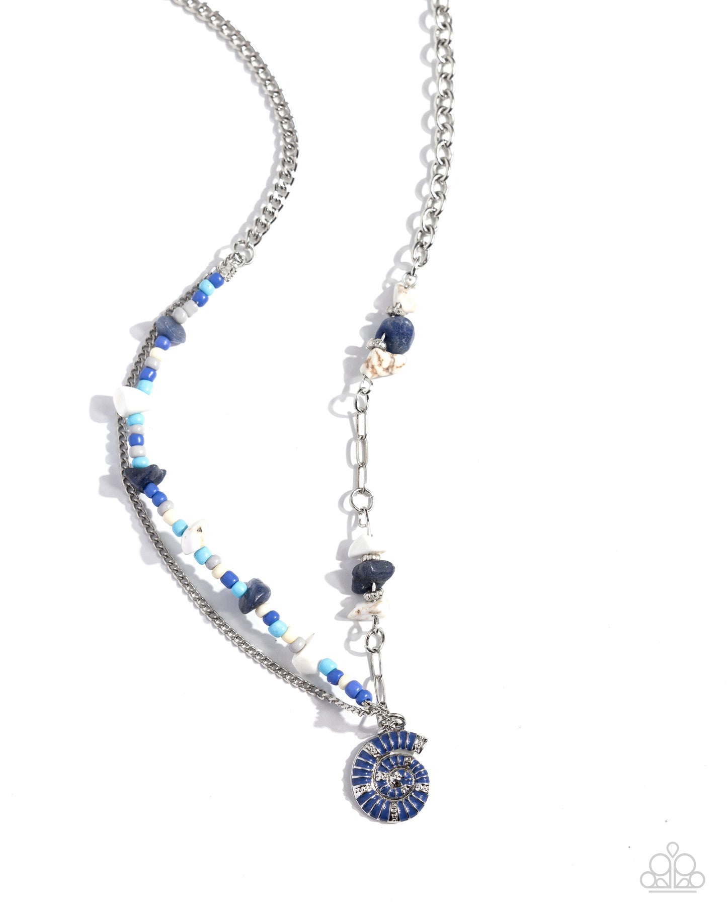 Spiraling Seafloor - Blue Seed Beads, White Stones, Silver Seashell Pendant Paparazzi Necklace & matching earrings