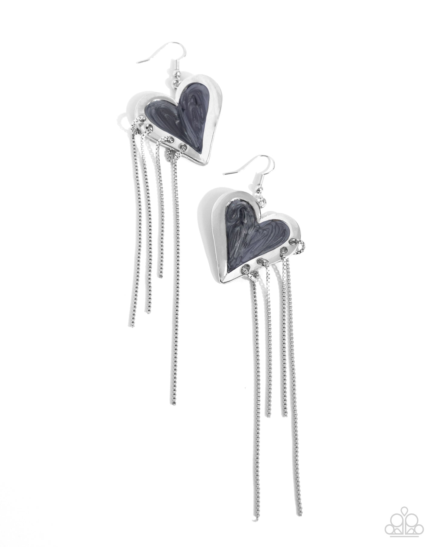 Sweetheart Specialty - Black Pearlized Heart/Silver Box Chain Tassels Paparazzi Earrings