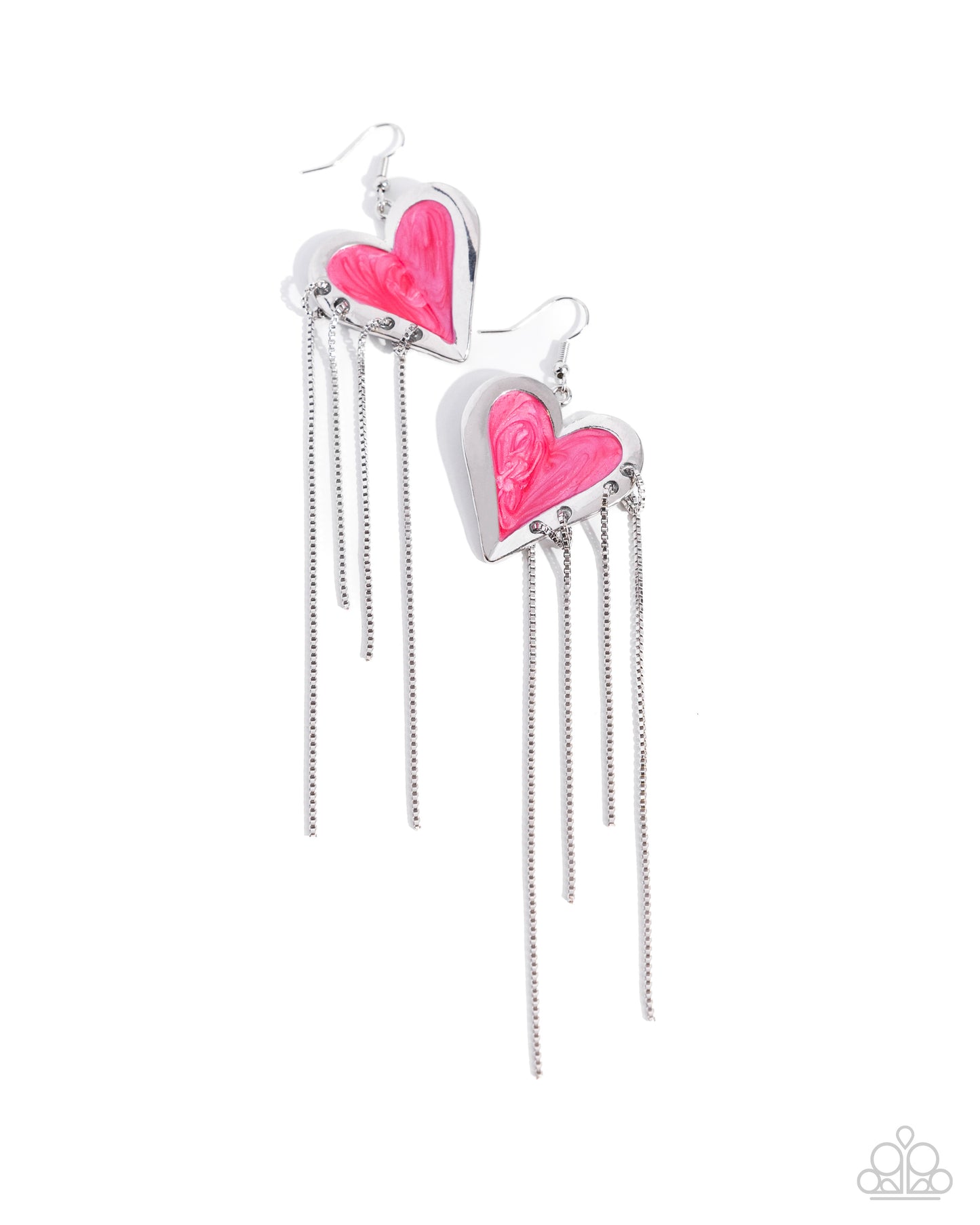 Sweetheart Specialty - Pink Pearlized Heart & Silver Box Chain Tassels Paparazzi Earrings