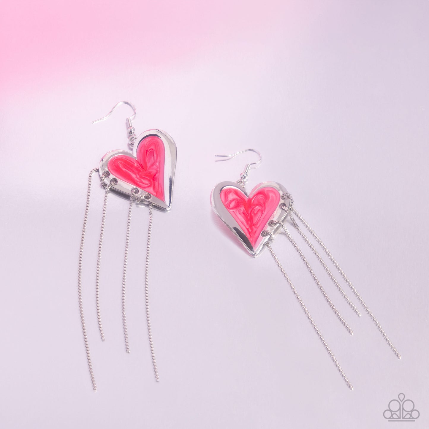 Sweetheart Specialty - Pink Pearlized Heart & Silver Box Chain Tassels Paparazzi Earrings