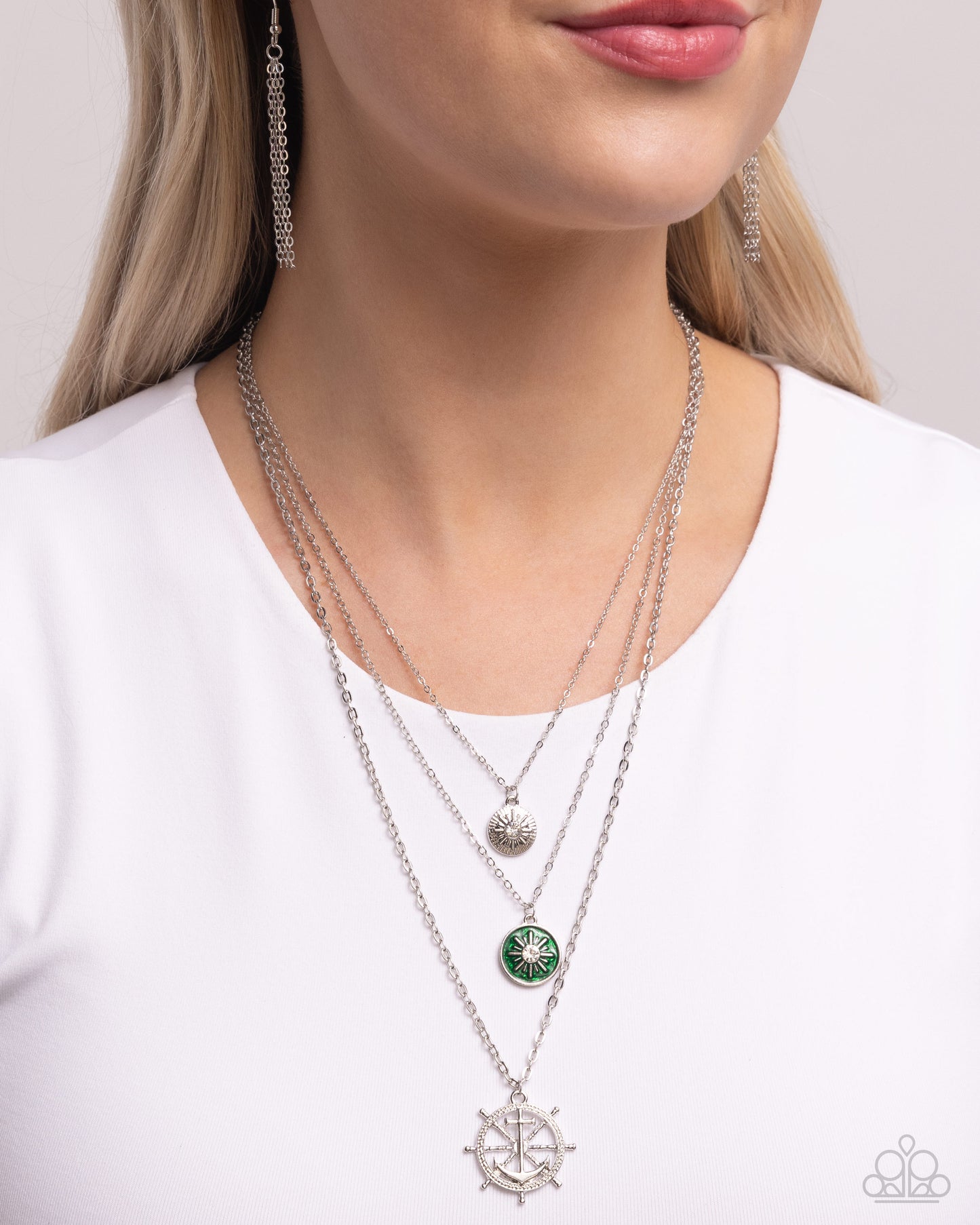 Anchor Arrangement - Green/Silver Coastal Pendants Paparazzi Necklace & matching earrings