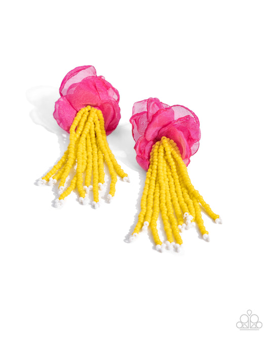 Cinderella Charisma - Multi Colored Seed Beads & Pink Tulle Ribbon Paparazzi Earrings