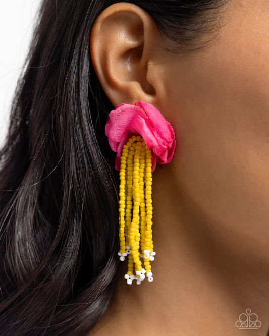 Cinderella Charisma - Multi Colored Seed Beads & Pink Tulle Ribbon Paparazzi Earrings