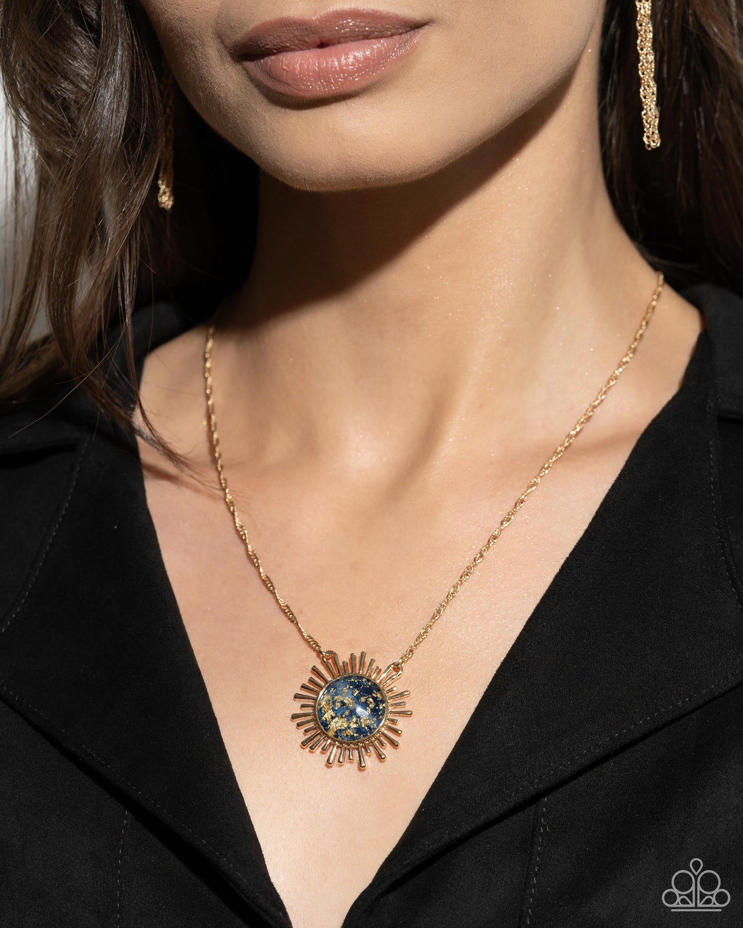 Fairytale Foil - Blue/Gold Foil Sunburst Pendant Paparazzi Necklace & matching earrings