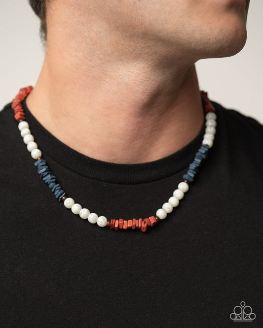 Upbeat Urban - Multicolored Red Stones, White Glass Beads, Blue & Brown Wooden Beaded Paparazzi Necklace