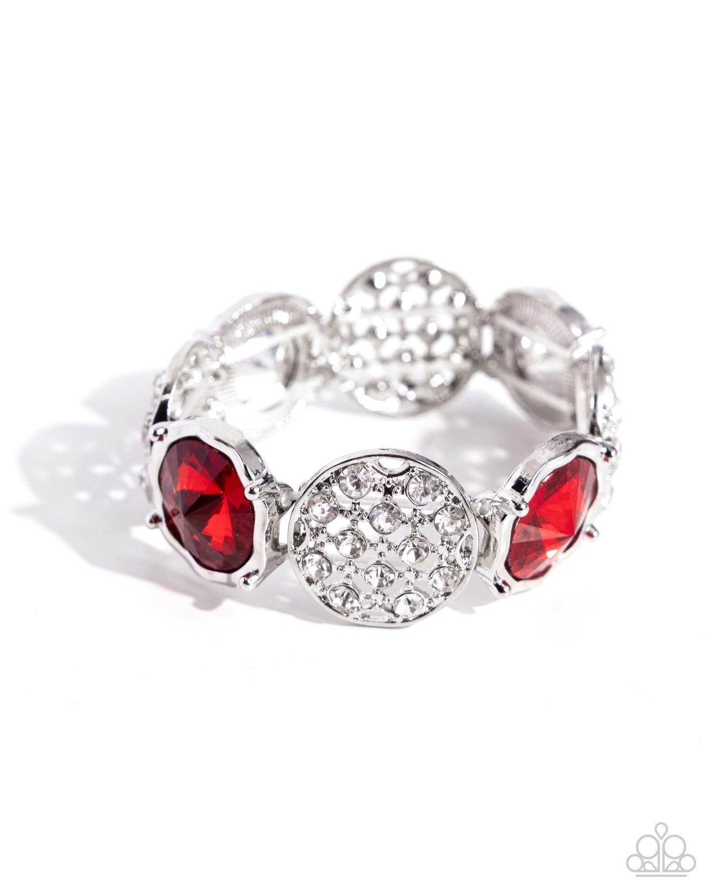 Refined Refresh - Red & White Gems/Silver Frames Paparazzi Stretch Bracelet