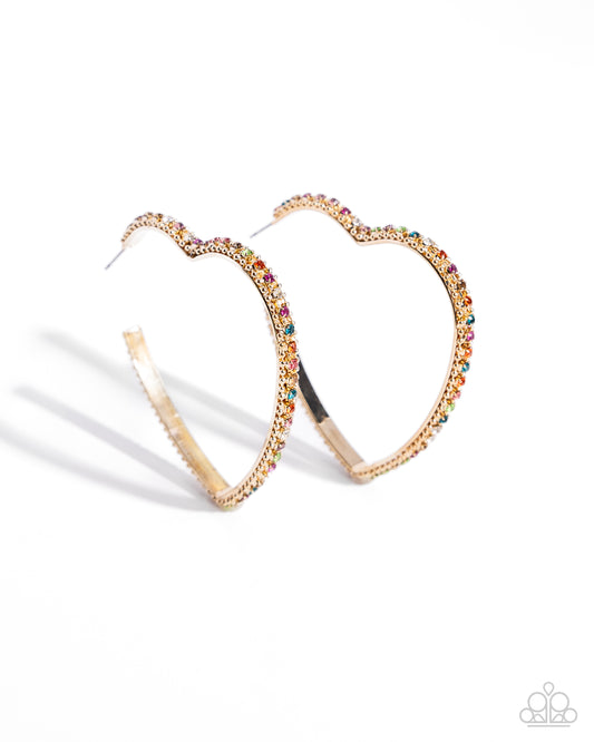 Halftime Hearts - Multicolored RhinestonesGold Oversized Heart Paparazzi Hoop Earrings