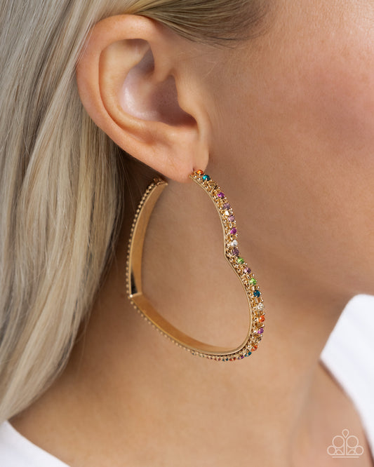 Halftime Hearts - Multicolored RhinestonesGold Oversized Heart Paparazzi Hoop Earrings