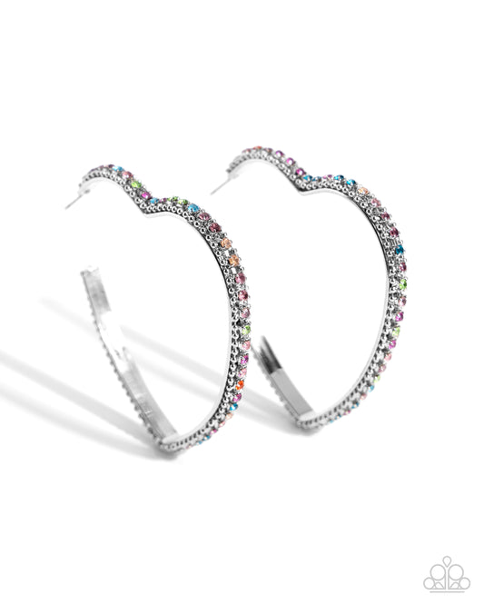 Halftime Hearts - Multicolored Rhinestones/Silver Heart Hoop Paparazzi Earrings