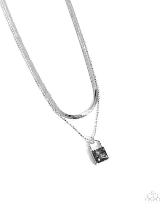 Padlock Possession - Silver Padlock Pendant/Mismatched Chains Paparazzi Necklace & matching earrings