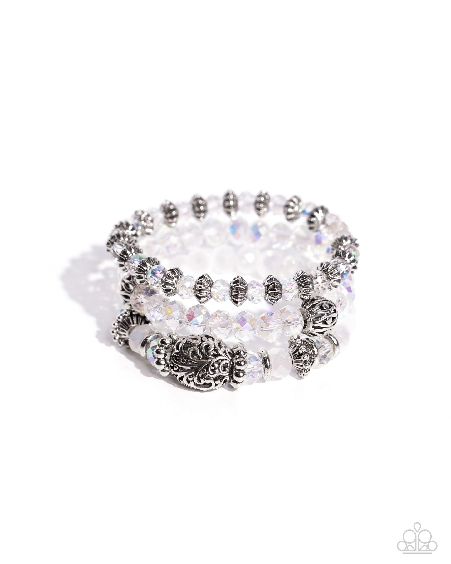 Malibu Maiden - White & Silver Beaded Paparazzi Set of 3 Stretch Bracelets