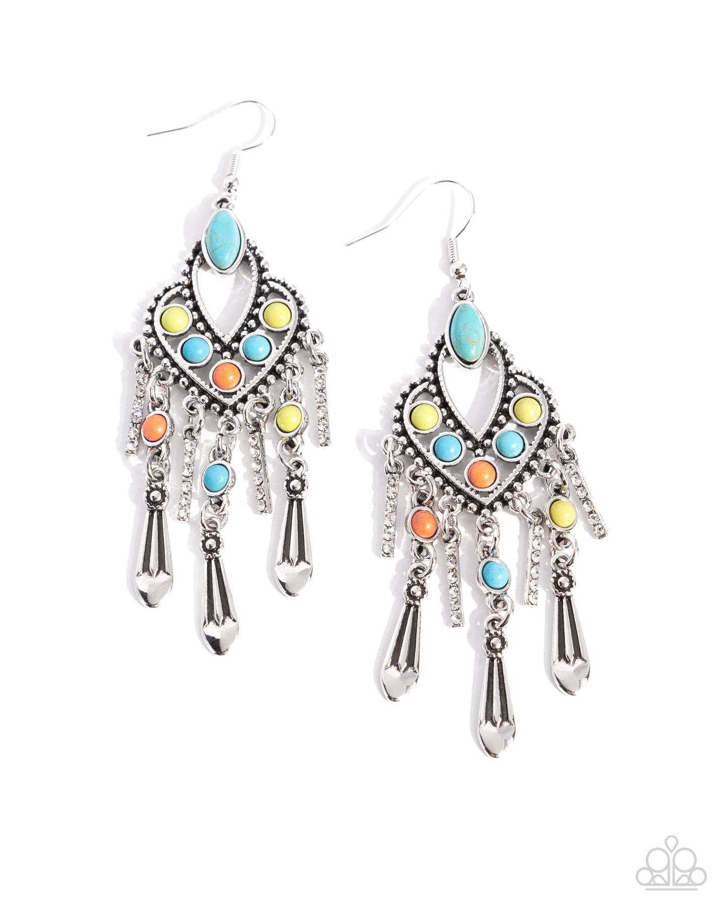 Naturally Vintage - Multicolored Stones & Silver Bar Fringe Paparazzi Earrings