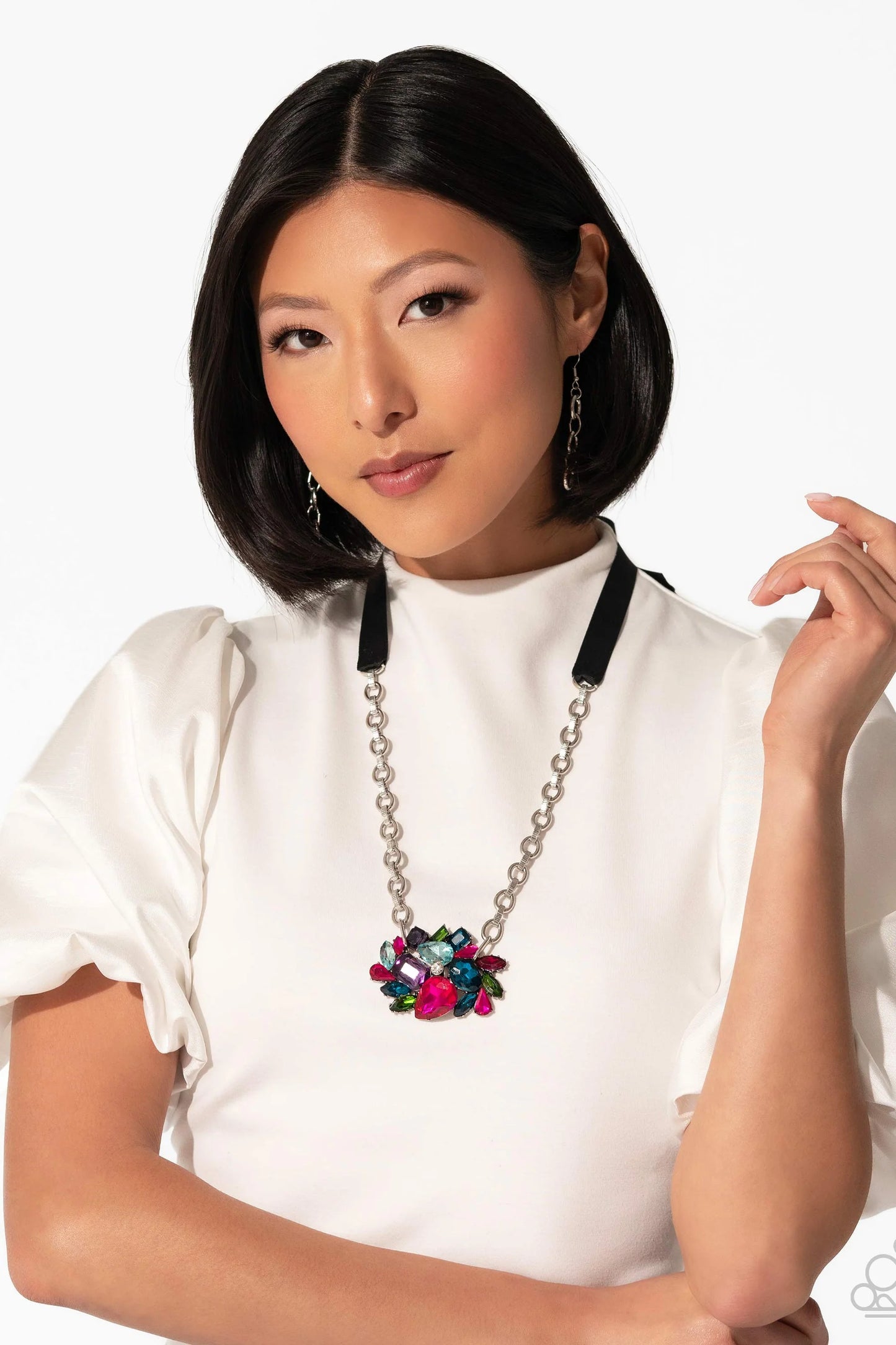 Tantalizing Tapestry - Multicolored Gems Cluster/Black Ribbon Paparazzi Necklace & matching earrings