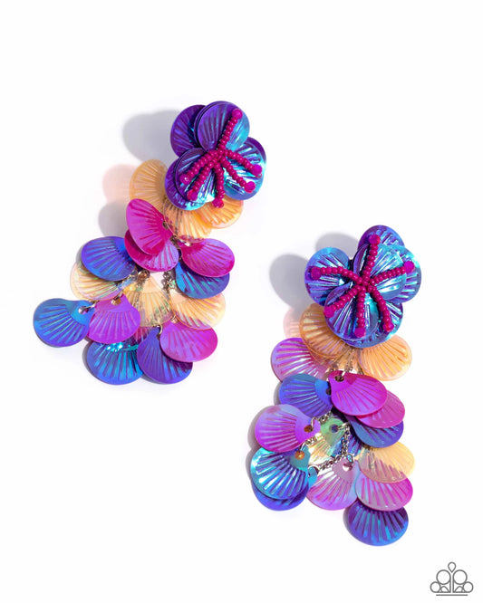 Under the Waves - Purple, Pink, Orange Shell-Like Sequins Paparazzi Earrings