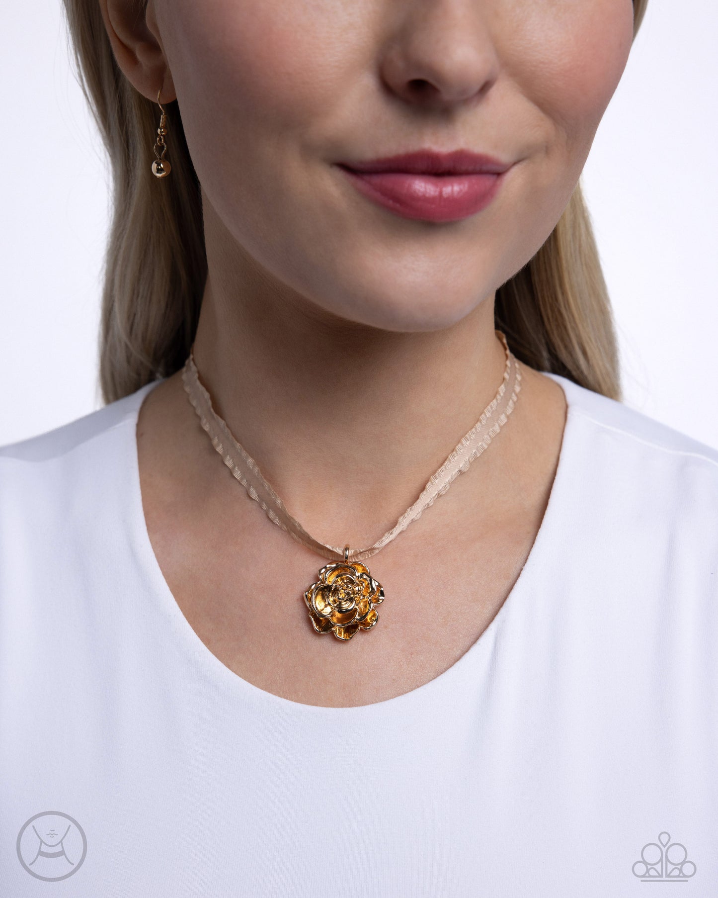 Seize the Spring - Gold Rose Pendant/Curly Ribbon Paparazzi Necklace & matching earrings
