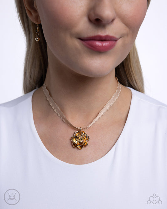 Seize the Spring - Gold Rose Pendant/Curly Ribbon Paparazzi Necklace & matching earrings