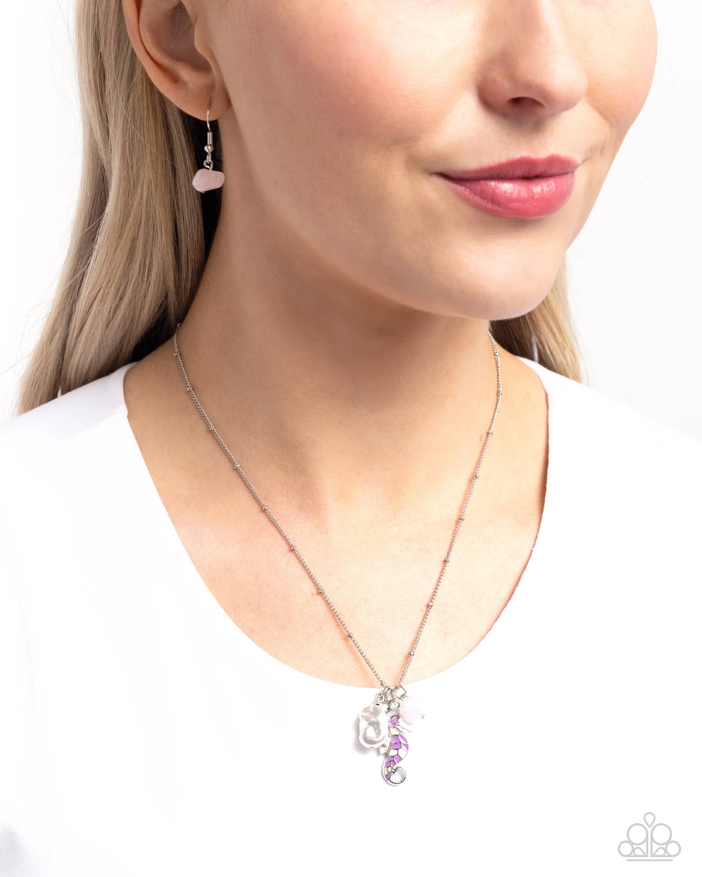 Seahorse Shimmer - Purple Seahorse/White Pearl.Silver Disc Pendant Paparazzi Necklace & matching earrings