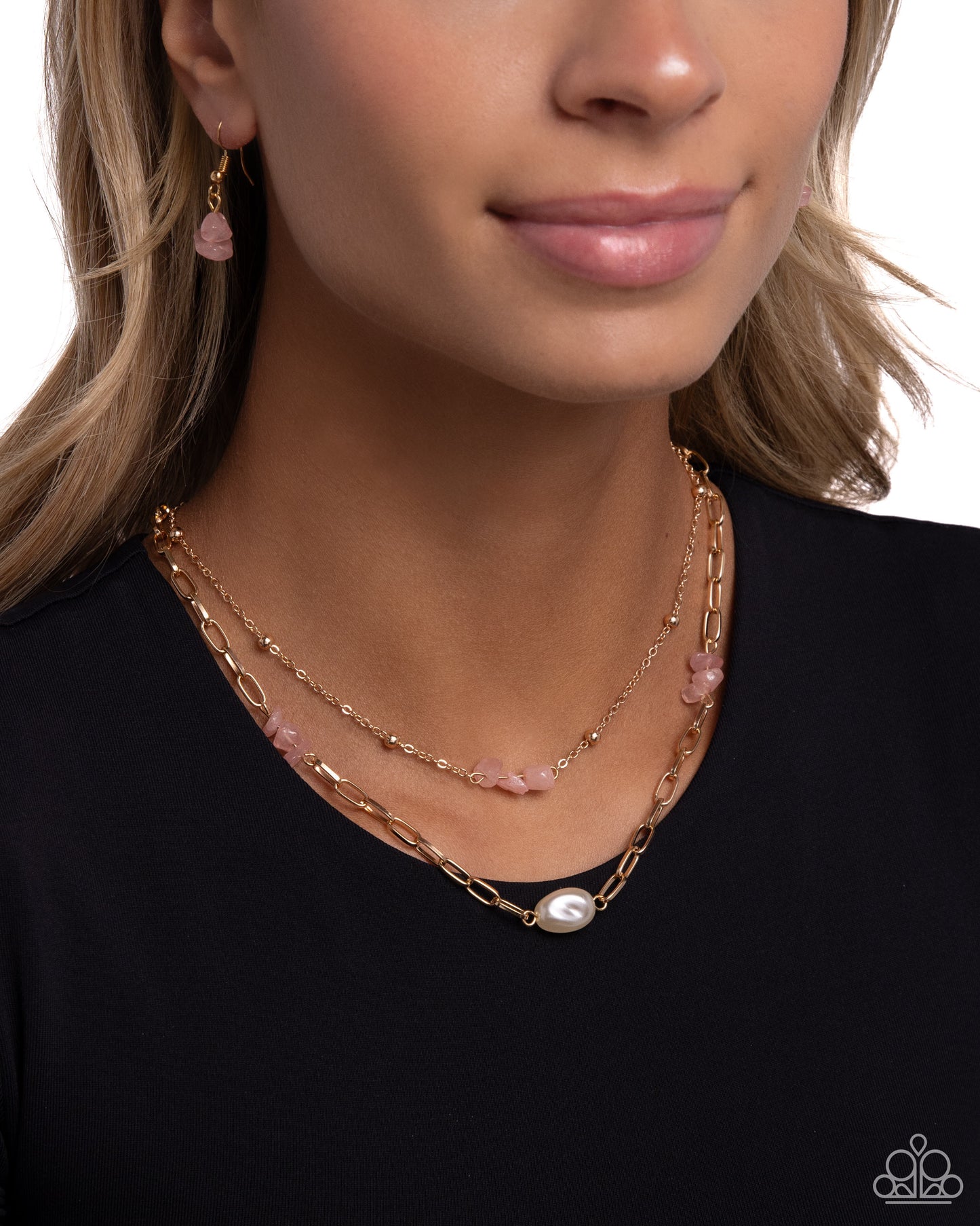 Santa Fe Surprise - Pink Chiseled Stones/White Baroque Pearls/Gold Paperclip Chain Paparazzi Necklace & matching earrings