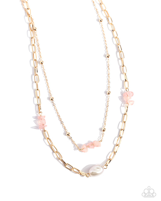 Santa Fe Surprise - Pink Chiseled Stones/White Baroque Pearls/Gold Paperclip Chain Paparazzi Necklace & matching earrings