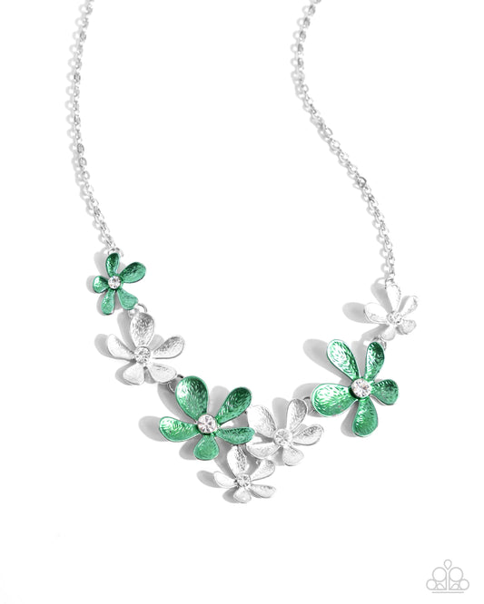 Reflective Rundown - Green/Silver Floral Paparazzi Necklace & matching earrings