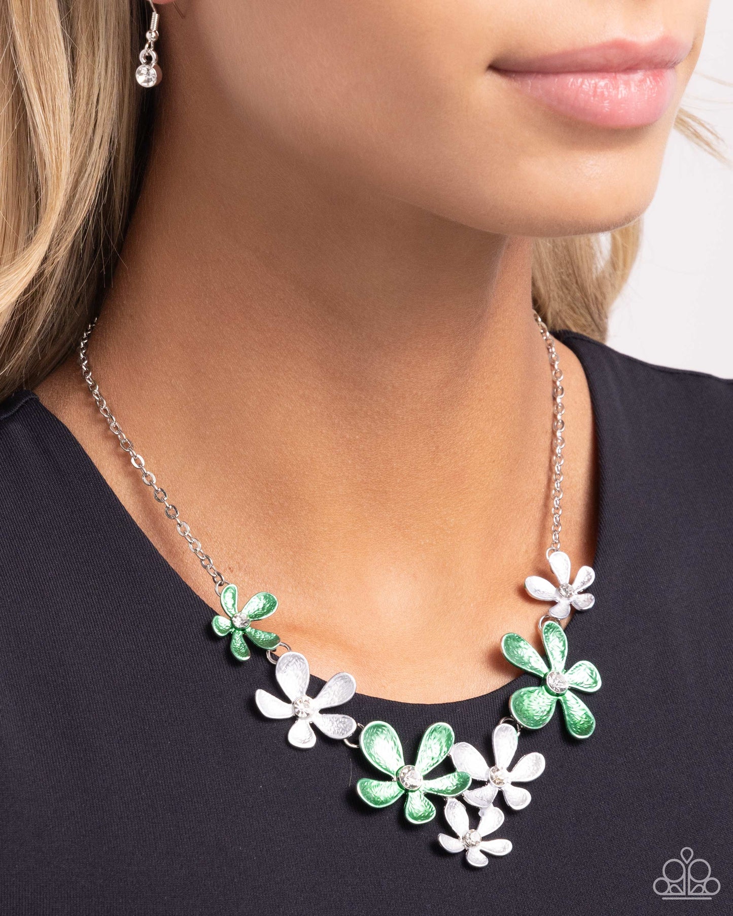 Reflective Rundown - Green/Silver Floral Paparazzi Necklace & matching earrings