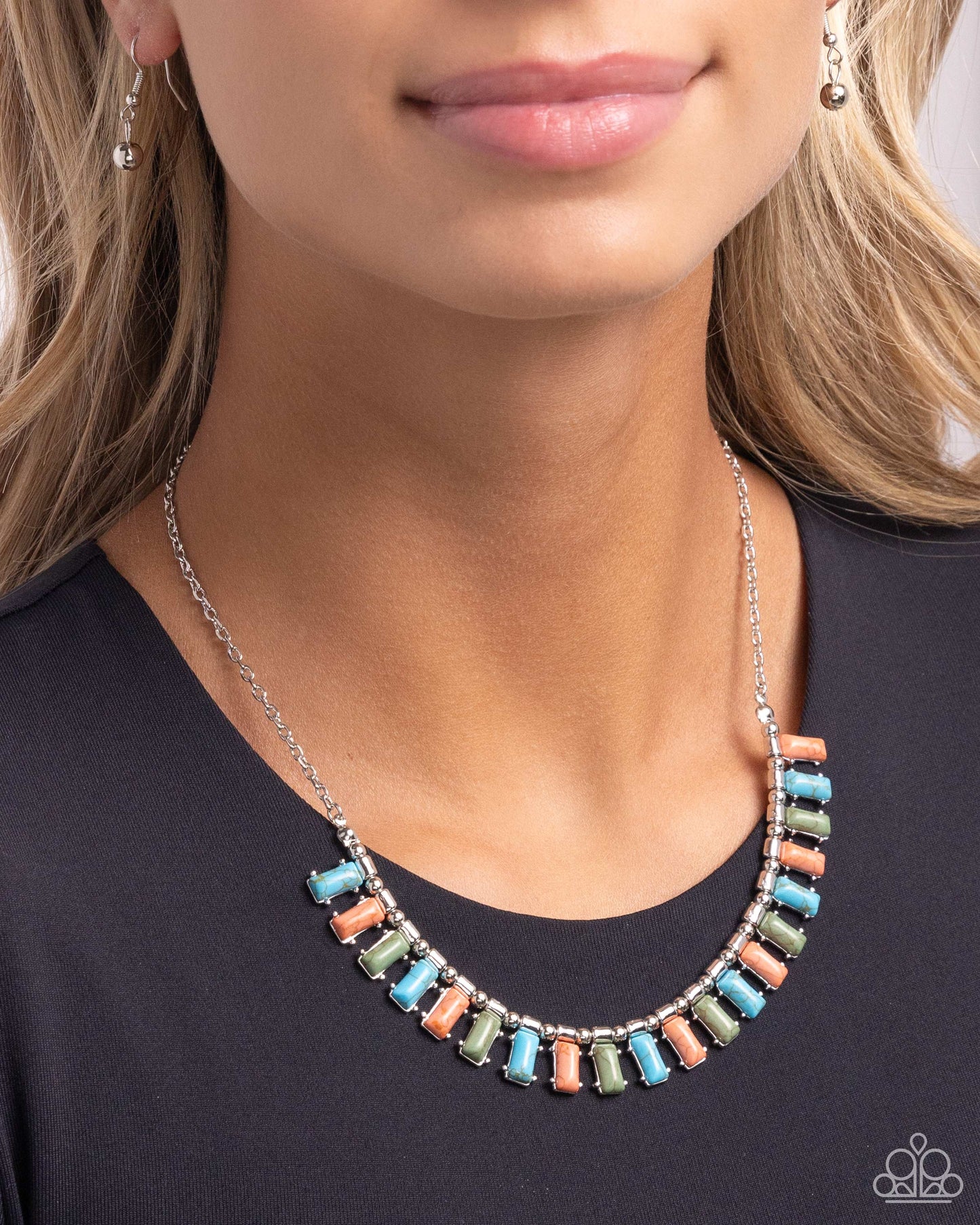 Stony Shimmer - Blue/Green/Orange Rectangular Stones Paparazzi Necklace & matching earrings