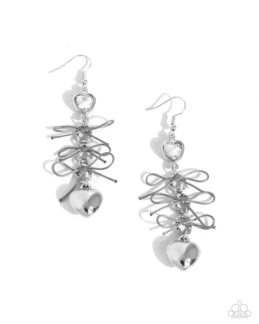 K-Pop Keepsake - Silver Heart Charm, Gray String Bows, & White Heart Gem Paparazzi Earrings