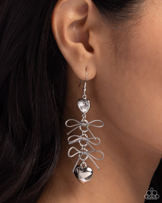 K-Pop Keepsake - Silver Heart Charm, Gray String Bows, & White Heart Gem Paparazzi Earrings