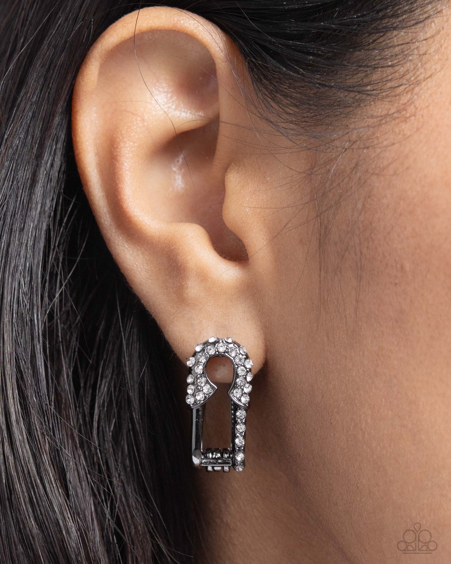 Safety Pin Secret - Gunmetal Safety Pin & White Rhinestone Paparazzi Hinge Earrings