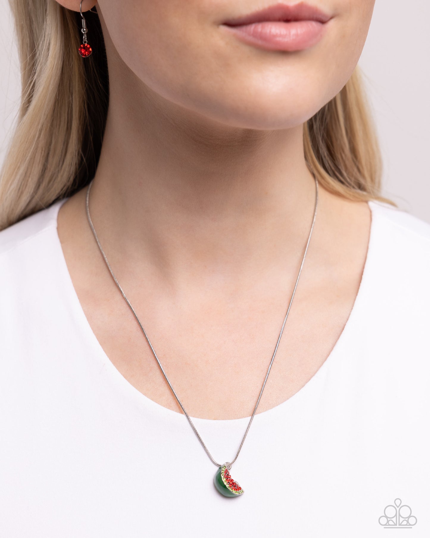 Watermelon Wardrobe - Red/Black/Green Rhinestone Watermelon Pendant Paparazzi Necklace & matching earrings