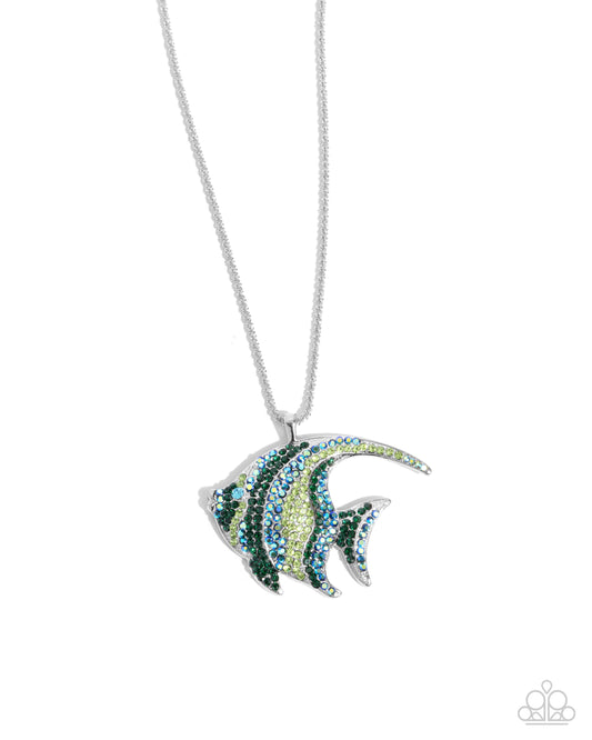 Tropical Talent - Green/Blue/Black Rhinestone Angelfish Pendant Paparazzi Necklace & matching earrings