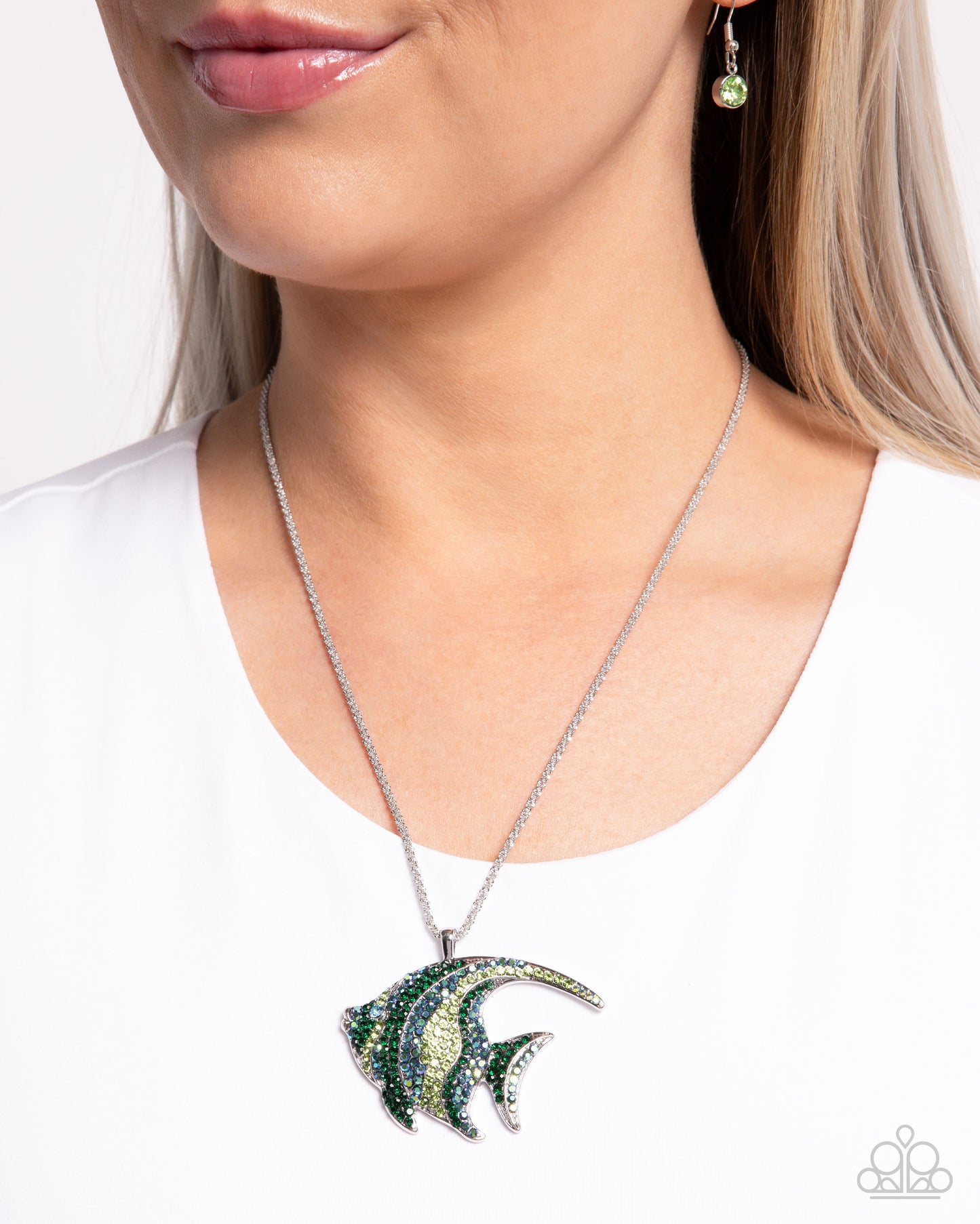 Tropical Talent - Green/Blue/Black Rhinestone Angelfish Pendant Paparazzi Necklace & matching earrings