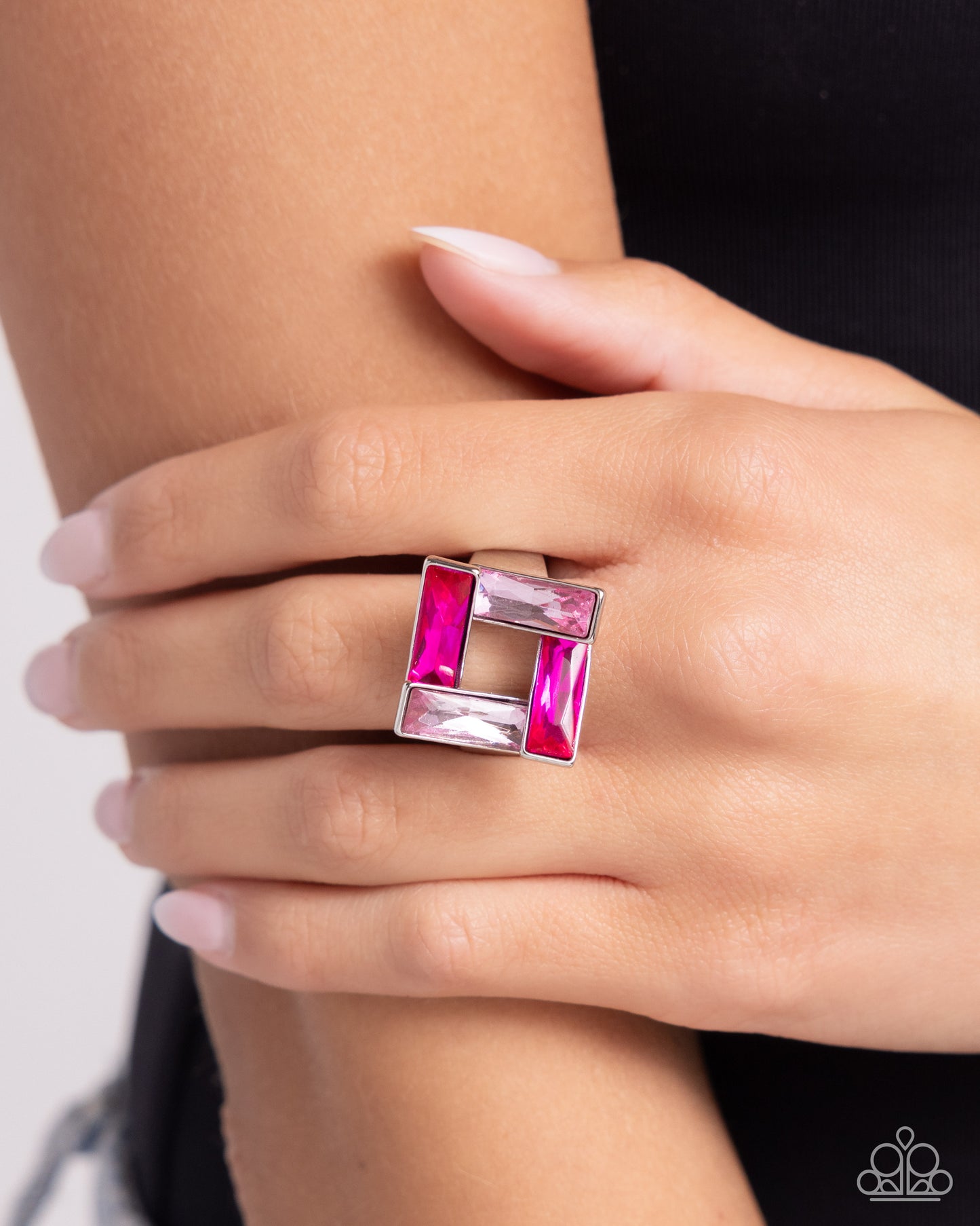 Sinuous Square - Pink Emerald-Cut Gems/Topsy-Turvy Silver Frame Paparazzi Ring