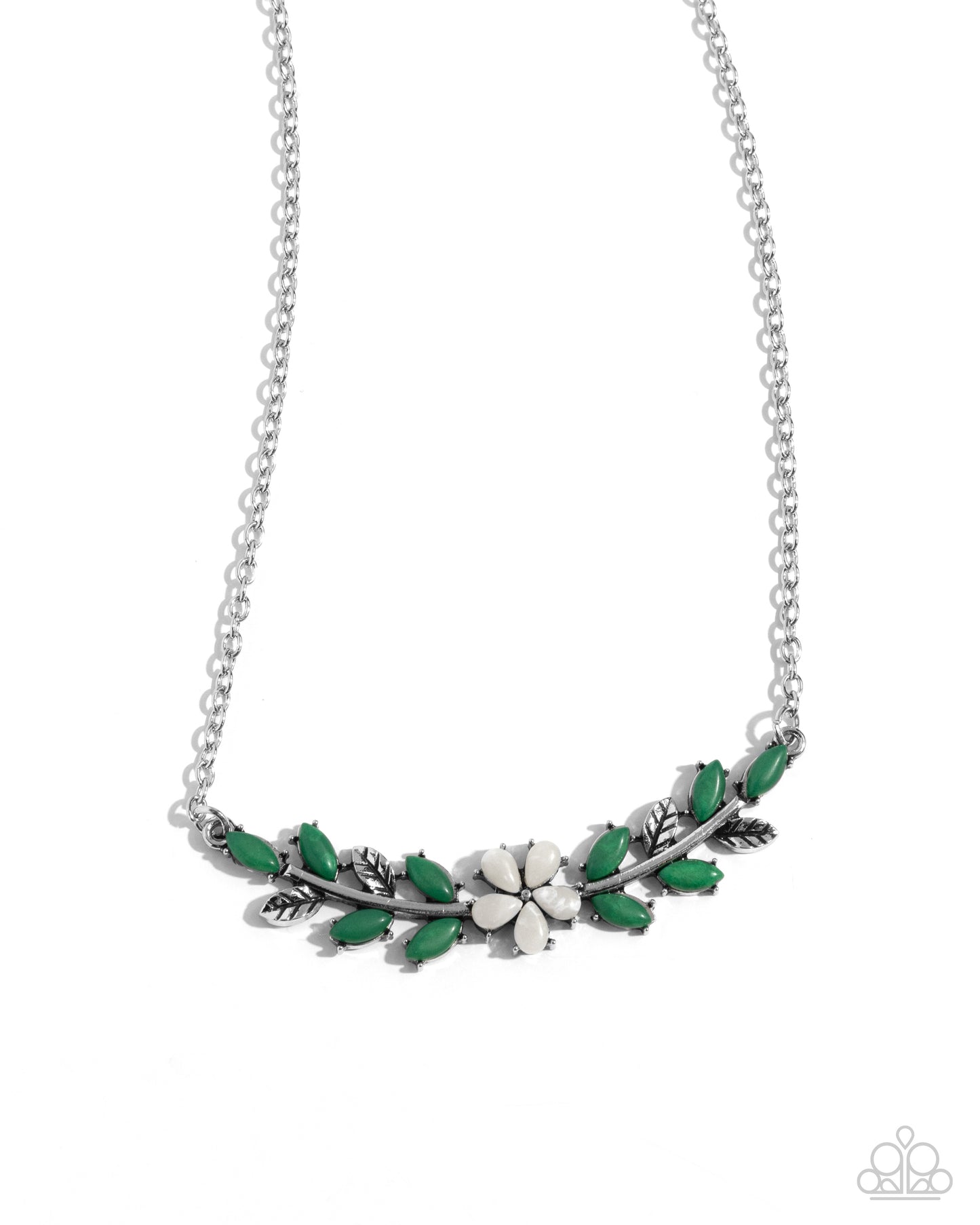 Leafy Layover - White Bead Flower/Green Bead Leaves Paparazzi Necklace & matching earrings